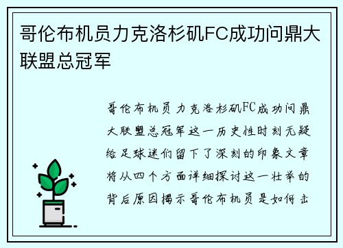 哥伦布机员力克洛杉矶FC成功问鼎大联盟总冠军