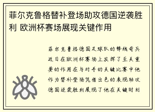菲尔克鲁格替补登场助攻德国逆袭胜利 欧洲杯赛场展现关键作用